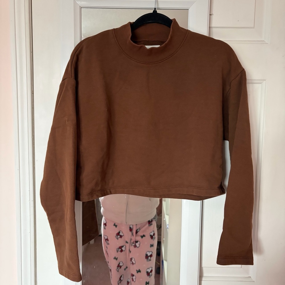 OAK + FORT Brown mock neck sweat fleece Crop sweatshirt